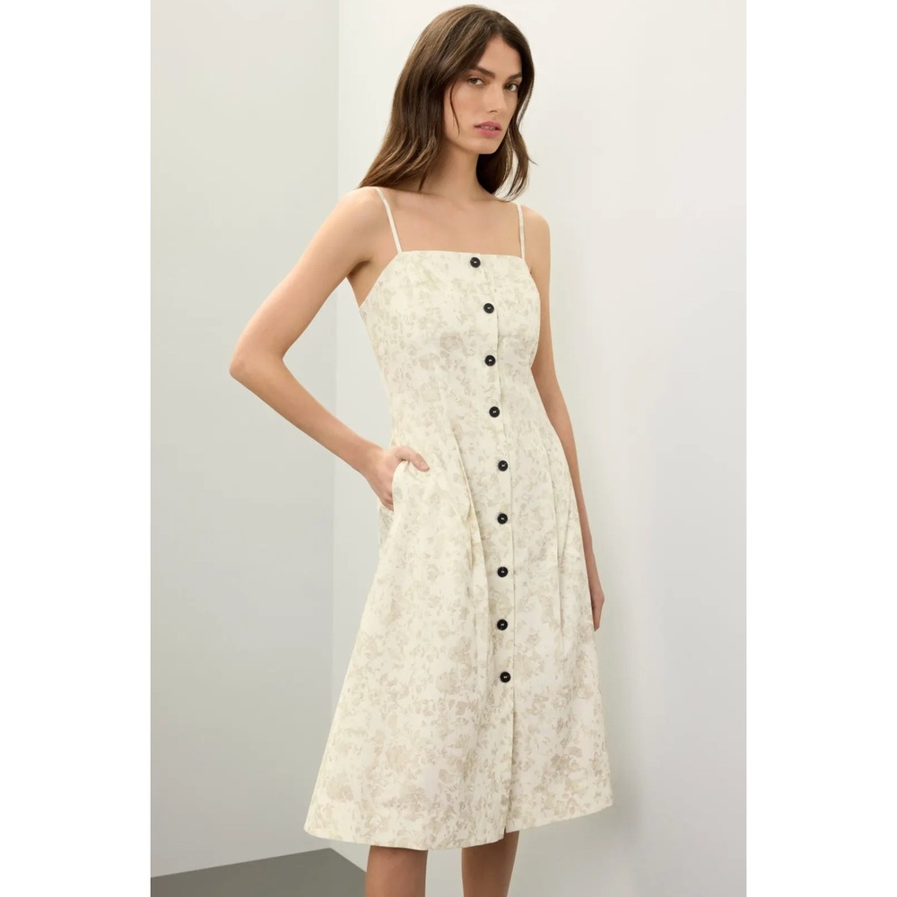 B33 Eudon Choi Button Up Linen Midi Dress Womens 4 Cream Floral Summer Vacation